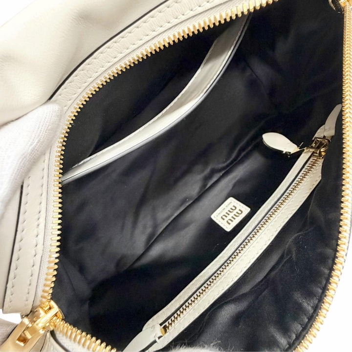 Pristine MIUMIU Handbag Logo Shine Calf Leather Bowling Bag Ivory 5BB182