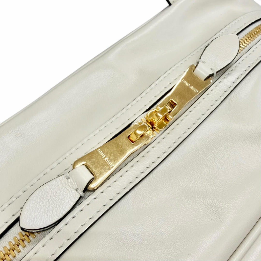 Pristine MIUMIU Handbag Logo Shine Calf Leather Bowling Bag Ivory 5BB182