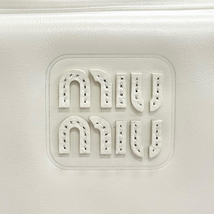 Pristine MIUMIU Handbag Logo Shine Calf Leather Bowling Bag Ivory 5BB182
