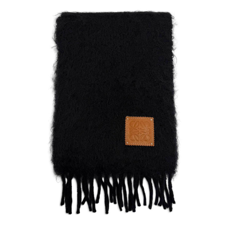 Excellent LOEWE Scarf Anagram logo patch with fringe black mohair mens