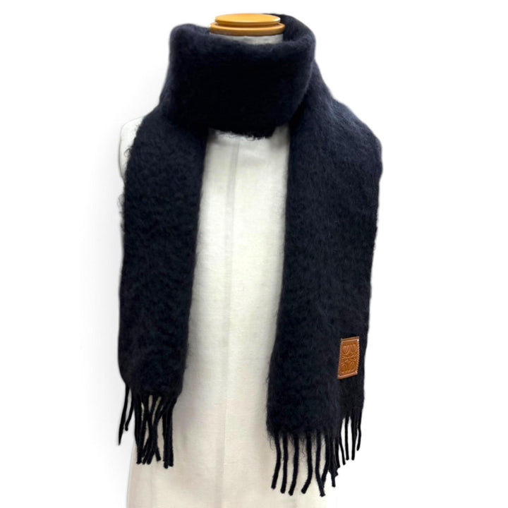 Excellent LOEWE Scarf Anagram logo patch with fringe black mohair mens