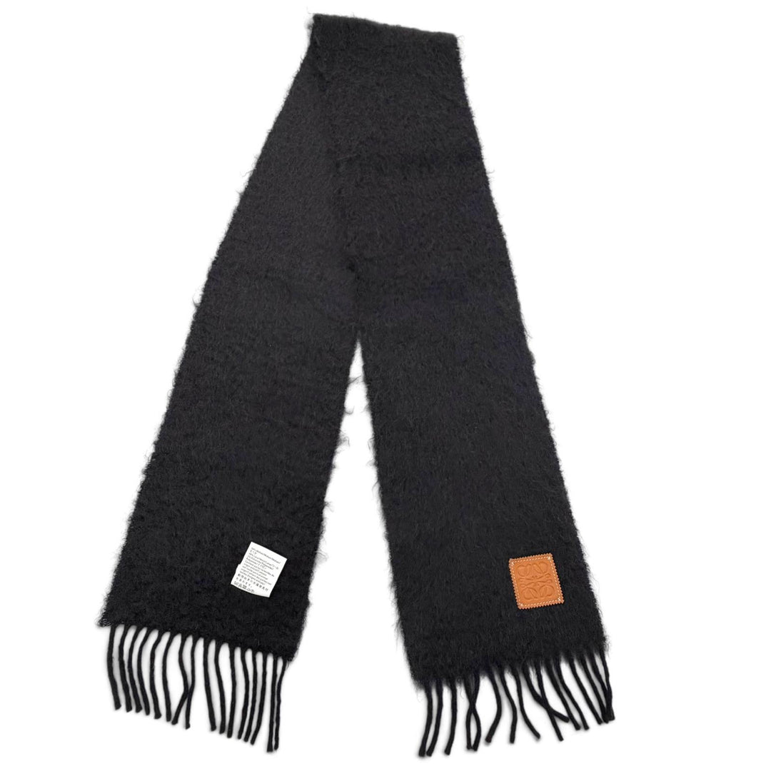 Excellent LOEWE Scarf Anagram logo patch with fringe black mohair mens