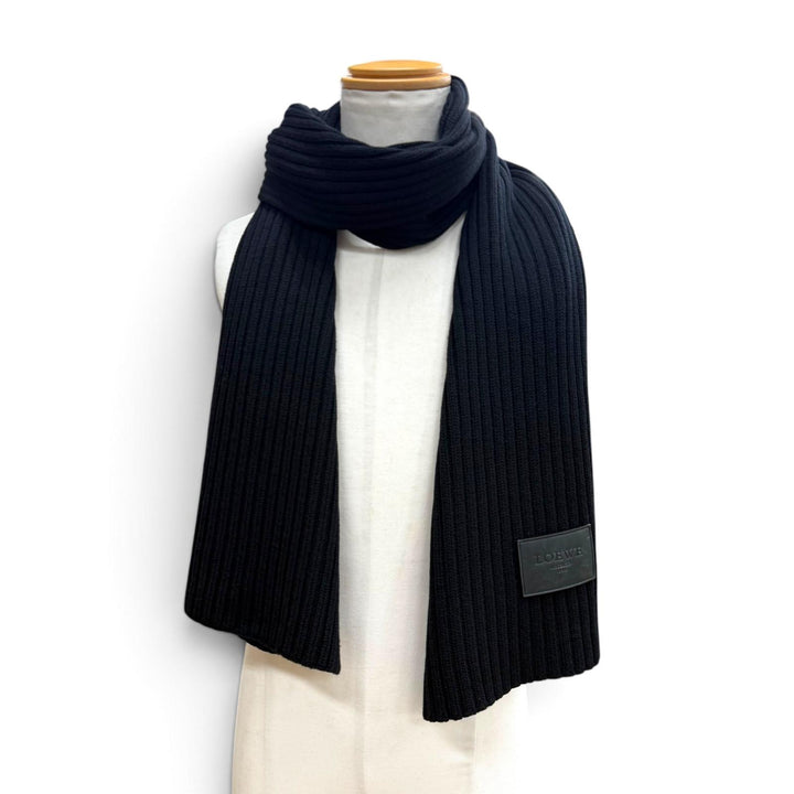Great LOEWE Scarf Knit with leather patch black wool mens