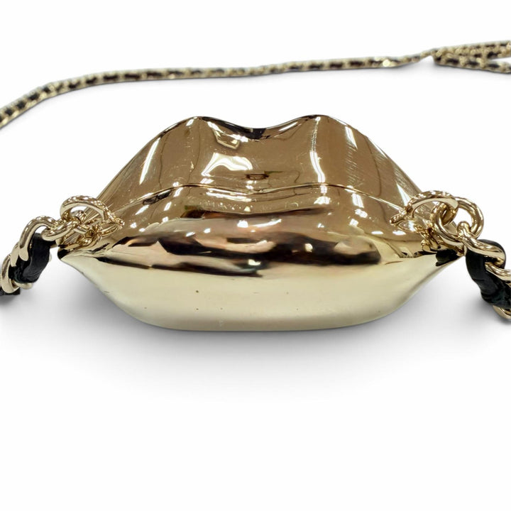 Excellent CHANEL COCO Mark Lip Motif Rhinestone Mirror Chain Necklace gold B23S
