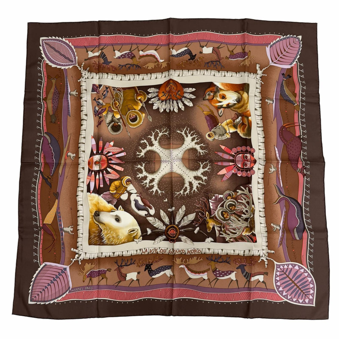 Excellent HERMES scarf LA VIE DU GRAND NORD Life in the Arctic Black series silk