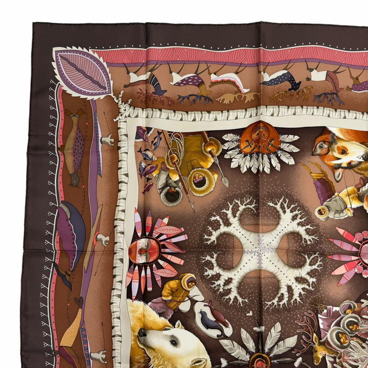 Excellent HERMES scarf LA VIE DU GRAND NORD Life in the Arctic Black series silk