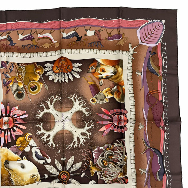 Excellent HERMES scarf LA VIE DU GRAND NORD Life in the Arctic Black series silk