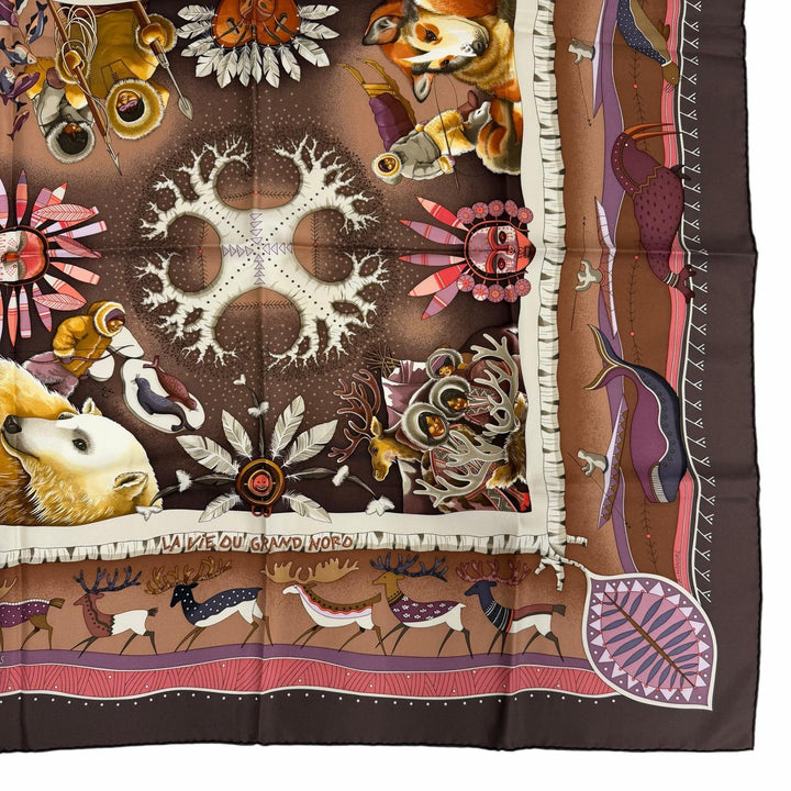 Excellent HERMES scarf LA VIE DU GRAND NORD Life in the Arctic Black series silk