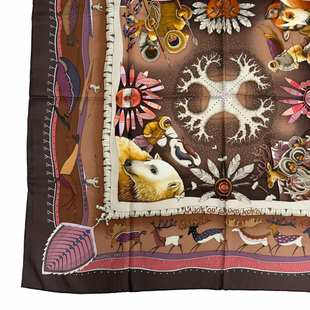 Excellent HERMES scarf LA VIE DU GRAND NORD Life in the Arctic Black series silk