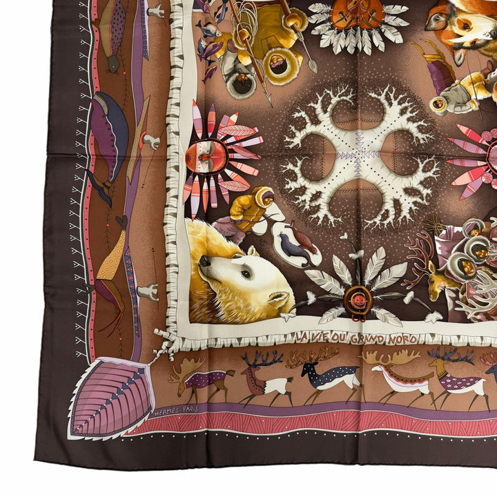 Excellent HERMES scarf LA VIE DU GRAND NORD Life in the Arctic Black series silk