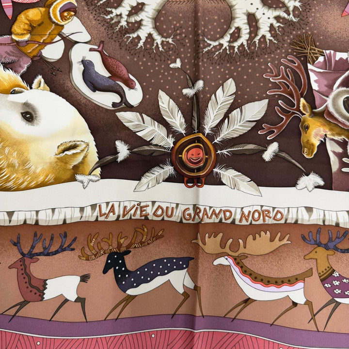 Excellent HERMES scarf LA VIE DU GRAND NORD Life in the Arctic Black series silk
