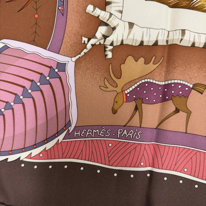 Excellent HERMES scarf LA VIE DU GRAND NORD Life in the Arctic Black series silk