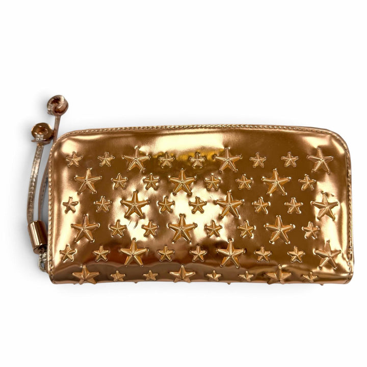 Great JIMMY CHOO Star Studded Zip Around Long Wallet Tea Rose Metallic leather