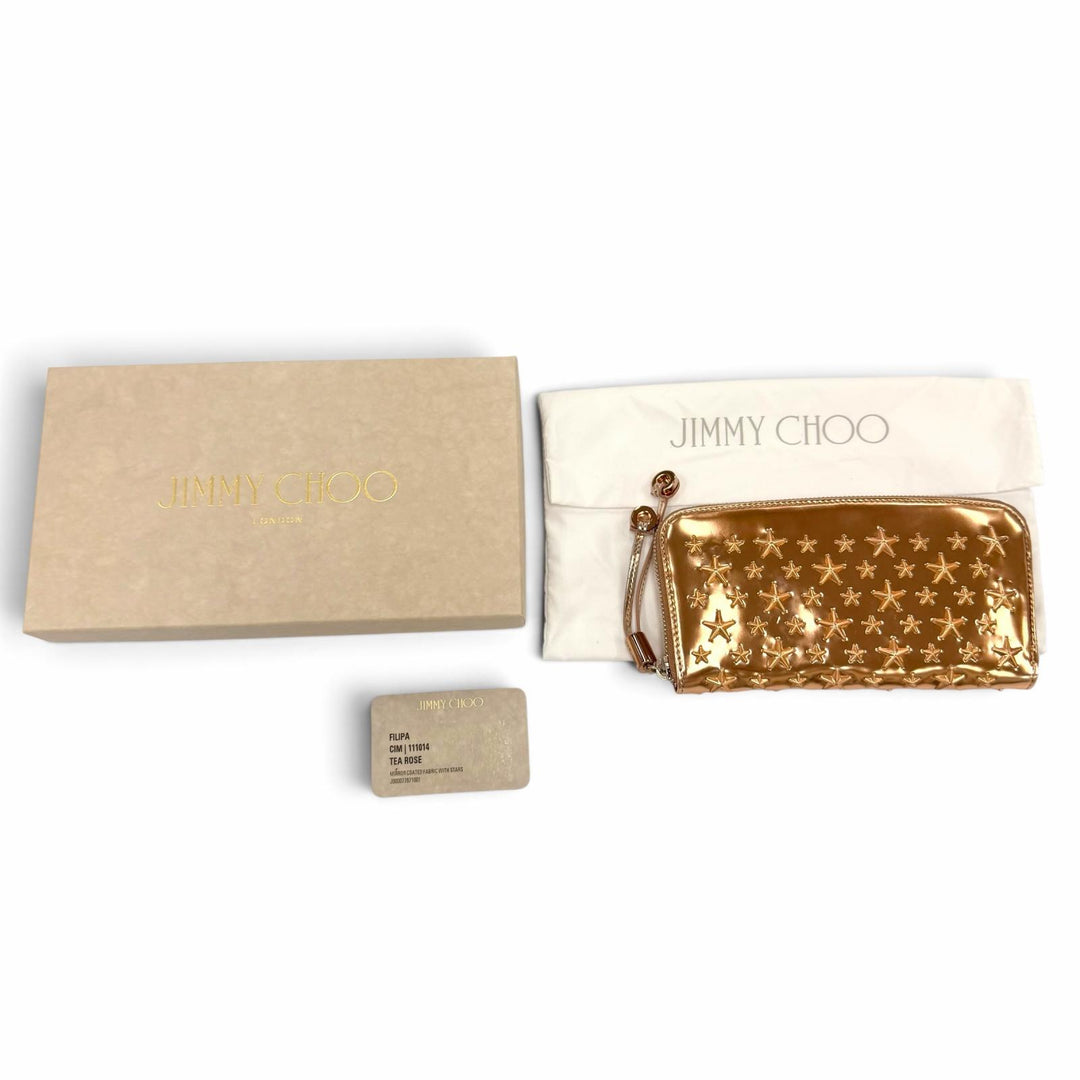 Great JIMMY CHOO Star Studded Zip Around Long Wallet Tea Rose Metallic leather