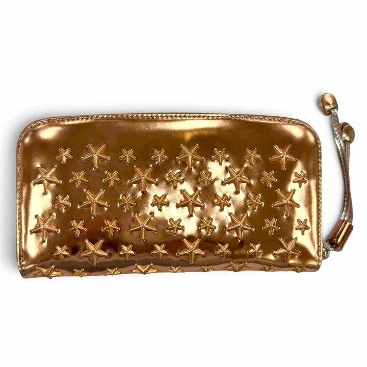 Great JIMMY CHOO Star Studded Zip Around Long Wallet Tea Rose Metallic leather