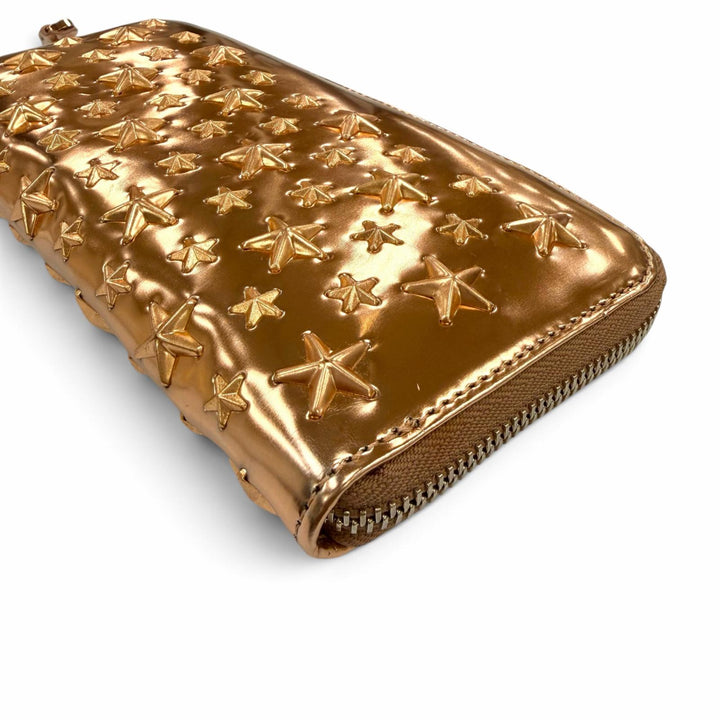 Great JIMMY CHOO Star Studded Zip Around Long Wallet Tea Rose Metallic leather