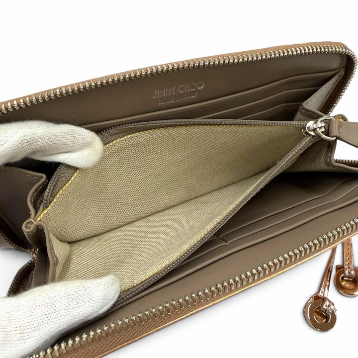 Great JIMMY CHOO Star Studded Zip Around Long Wallet Tea Rose Metallic leather