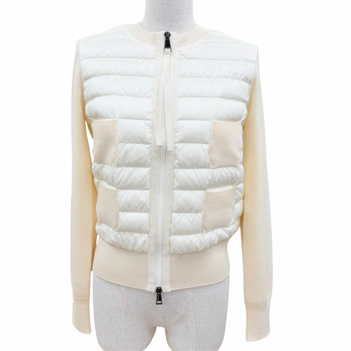Excellent MONCLER Down jacket CARDIGAN Logo patch knit panel Ivory Women XS
