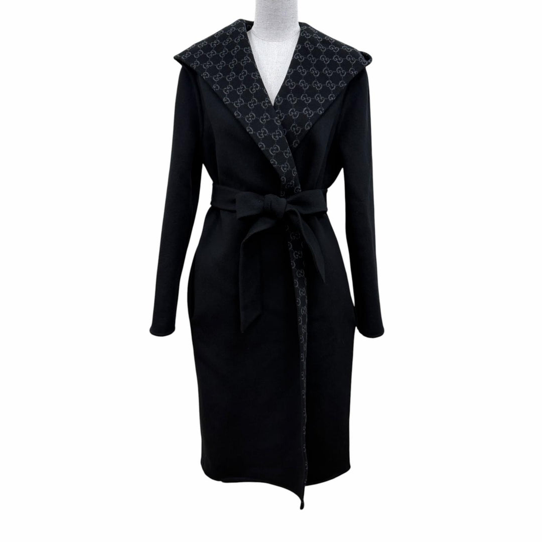 Pristine GUCCI coat Reversible wool blend GGPattern belt wrap black 36 793634