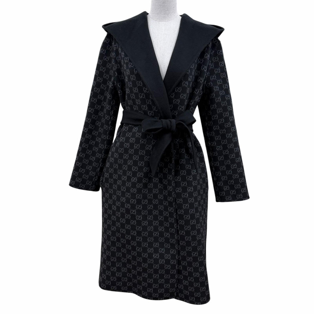 Pristine GUCCI coat Reversible wool blend GGPattern belt wrap black 36 793634