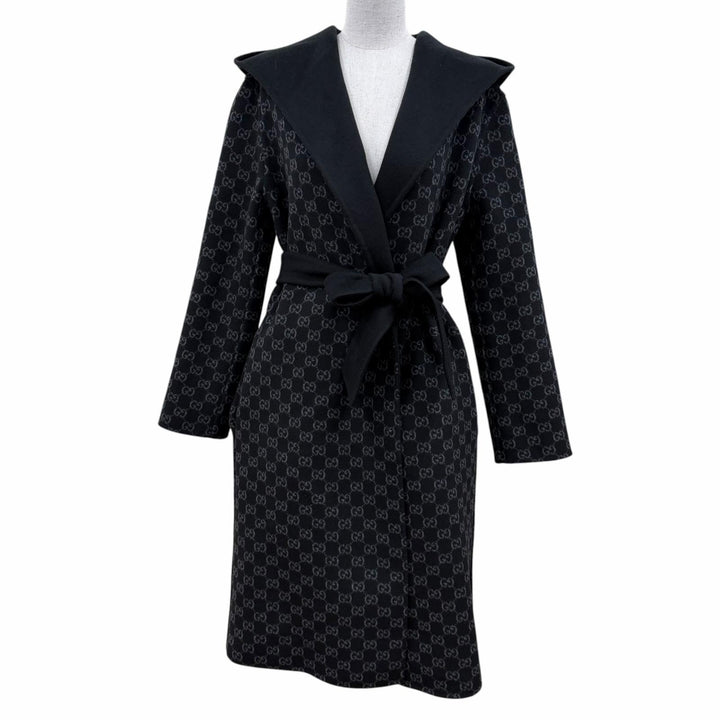 Pristine GUCCI coat Reversible wool blend GGPattern belt wrap black 36 793634