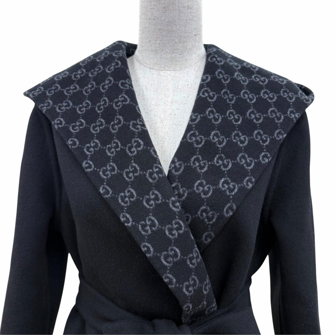 Pristine GUCCI coat Reversible wool blend GGPattern belt wrap black 36 793634
