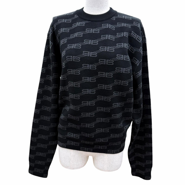 Excellent BALENCIAGA knit BB Monogram Long Sleeve black cotton Women M 733861