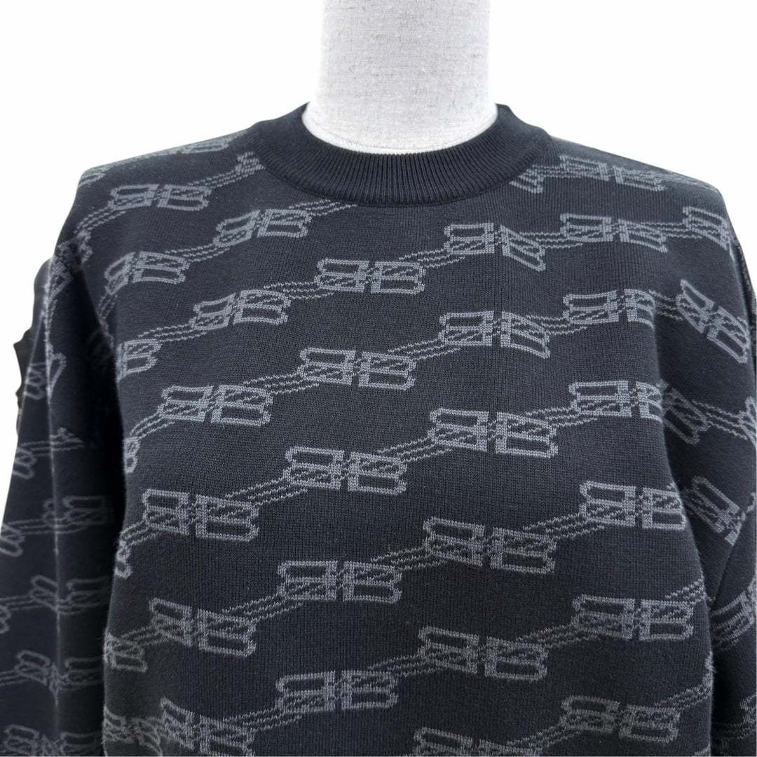 Excellent BALENCIAGA knit BB Monogram Long Sleeve black cotton Women M 733861