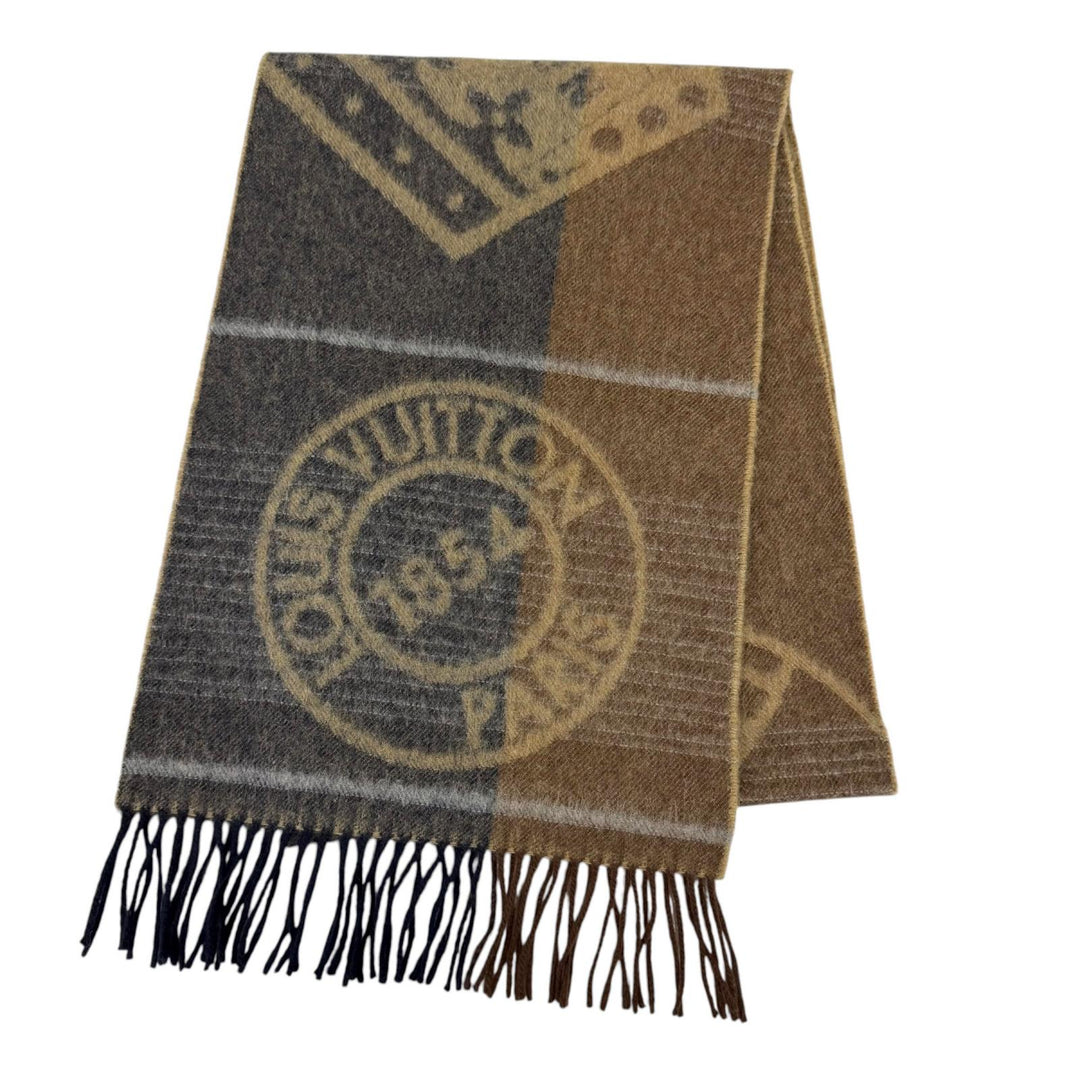 Great LOUIS VUITTON Scarf Echalpe Cardiff Circle logo Brown wool mens