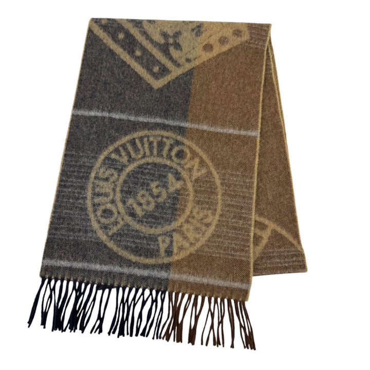 Great LOUIS VUITTON Scarf Echalpe Cardiff Circle logo Brown wool mens