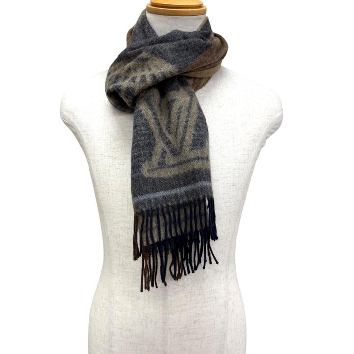 Great LOUIS VUITTON Scarf Echalpe Cardiff Circle logo Brown wool mens
