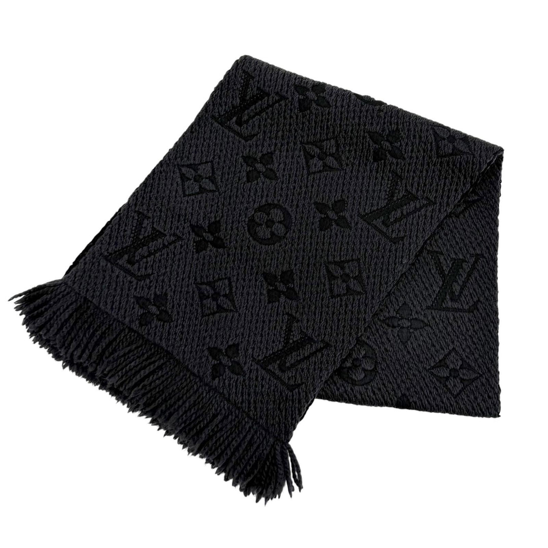 Great LOUIS VUITTON Scarf Echal Progomania Monogram fringe black wool 413287
