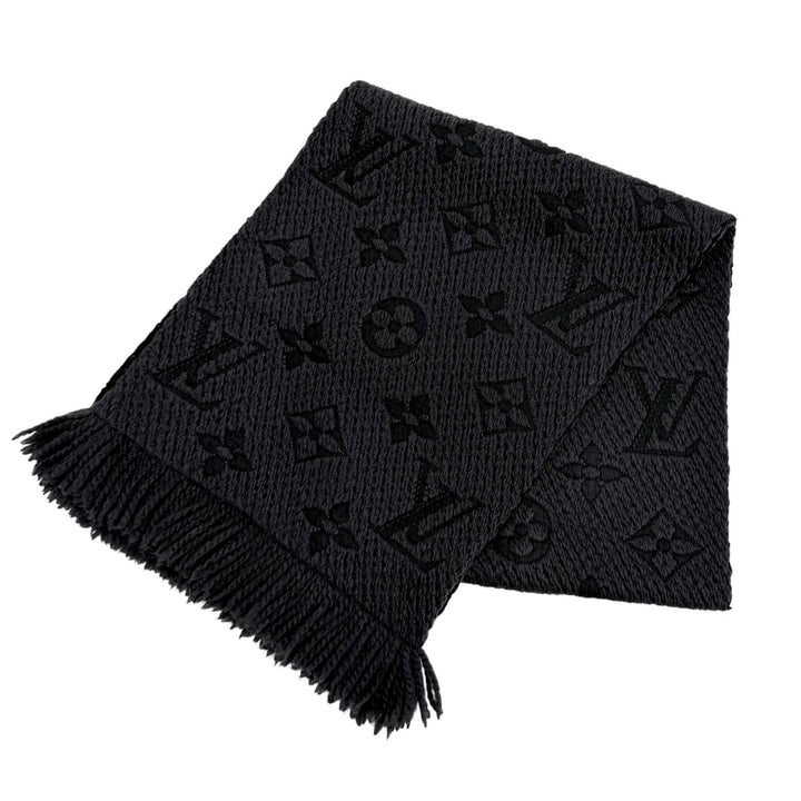 Great LOUIS VUITTON Scarf Echal Progomania Monogram fringe black wool 413287