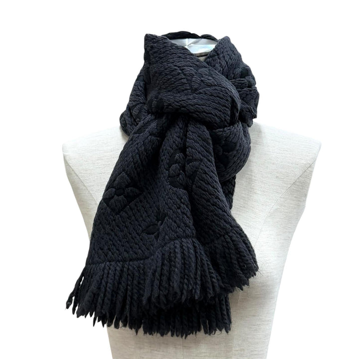 Great LOUIS VUITTON Scarf Echal Progomania Monogram fringe black wool 413287