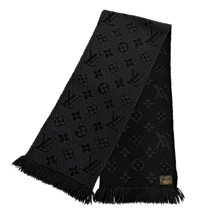 Great LOUIS VUITTON Scarf Echal Progomania Monogram fringe black wool 413287