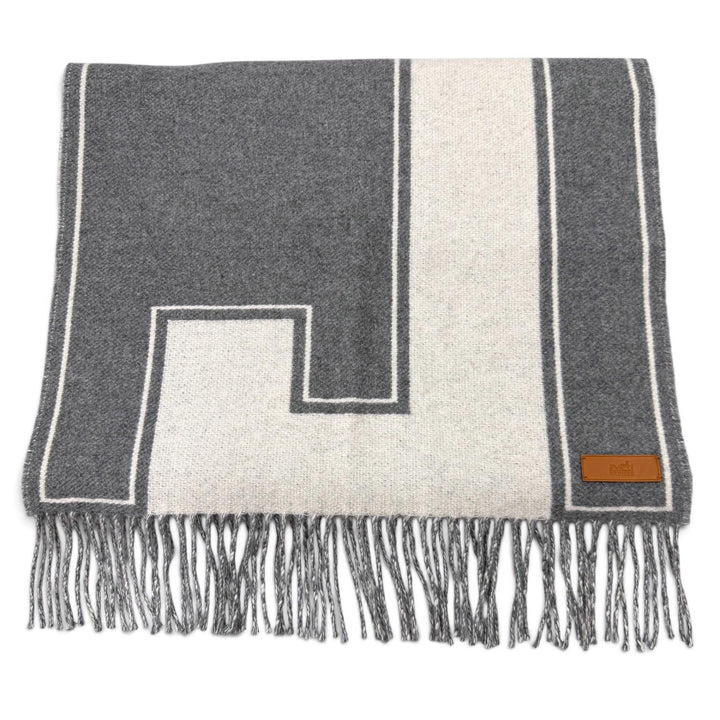 Excellent HERMES Scarf Credu H Leather patch with fringe gray cashmere mens