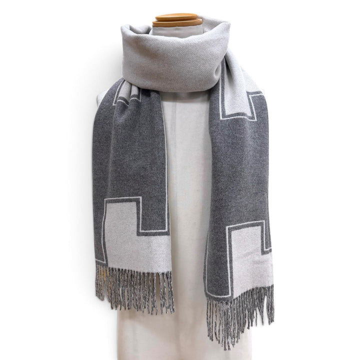 Excellent HERMES Scarf Credu H Leather patch with fringe gray cashmere mens