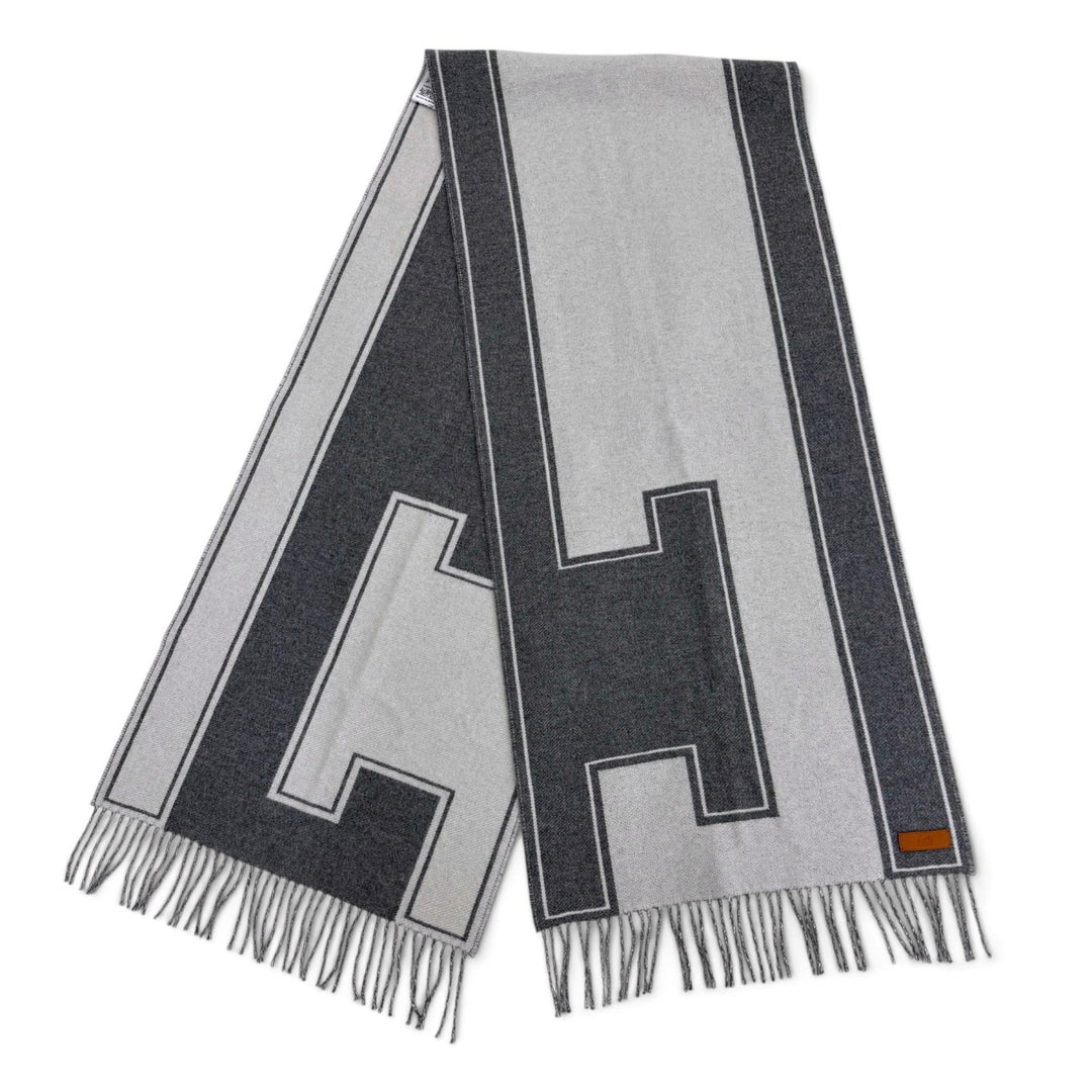 Excellent HERMES Scarf Credu H Leather patch with fringe gray cashmere mens