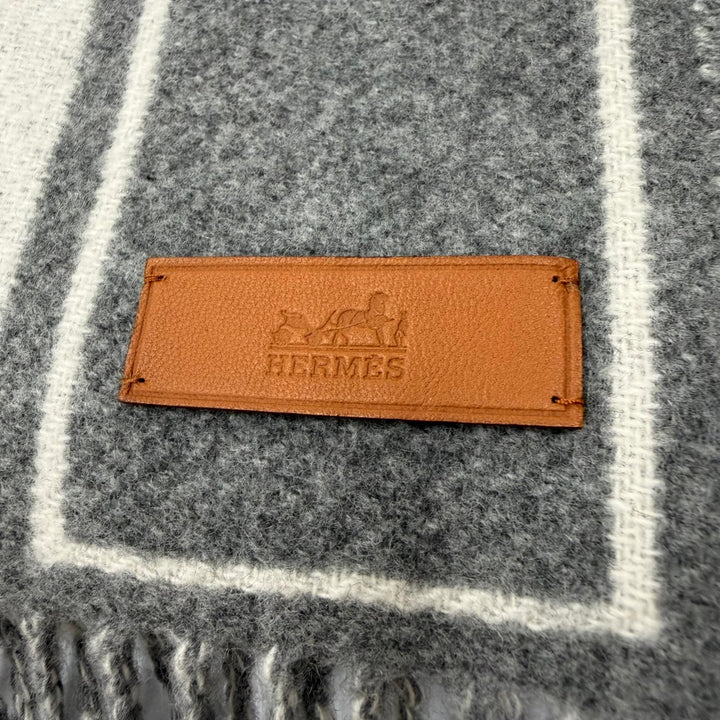Excellent HERMES Scarf Credu H Leather patch with fringe gray cashmere mens