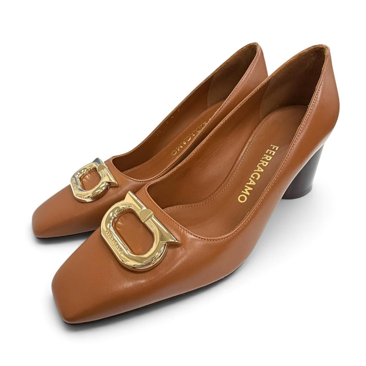Pristine FERRAGAMO pumps Gancini logo Metal square toe leather shoes Brown 6.5
