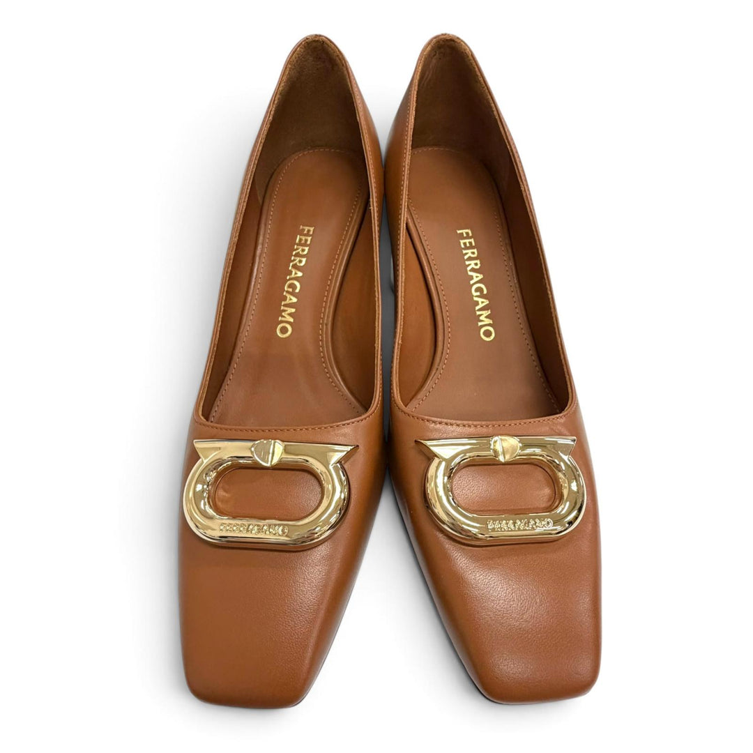 Pristine FERRAGAMO pumps Gancini logo Metal square toe leather shoes Brown 6.5