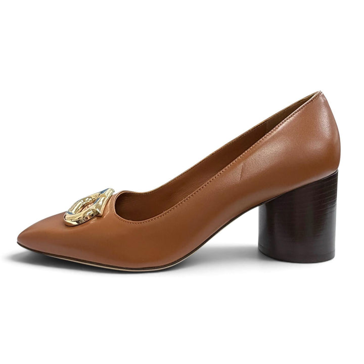 Pristine FERRAGAMO pumps Gancini logo Metal square toe leather shoes Brown 6.5
