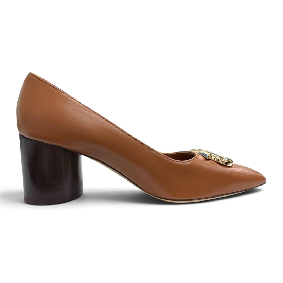 Pristine FERRAGAMO pumps Gancini logo Metal square toe leather shoes Brown 6.5