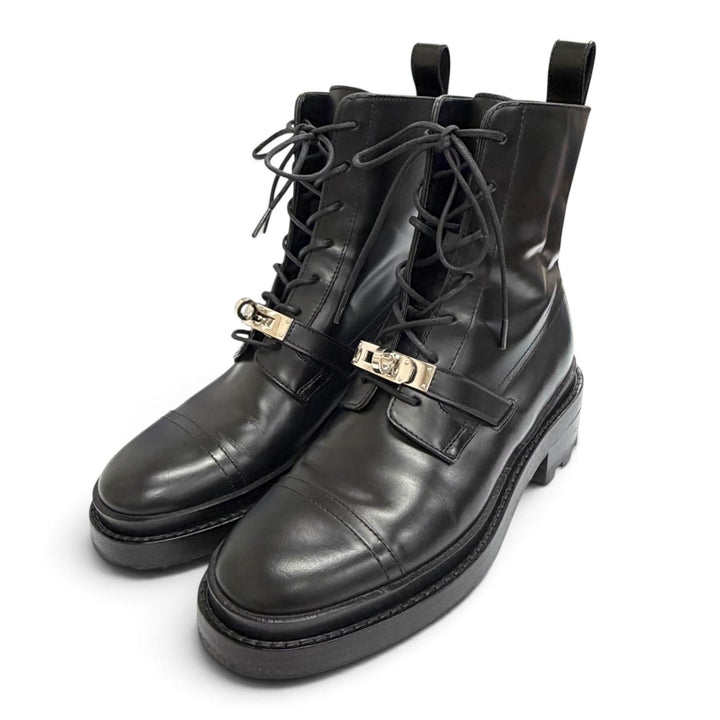 Great HERMES short boots funk Kelly Buckle Lace-Up Leather black 35 222070Z