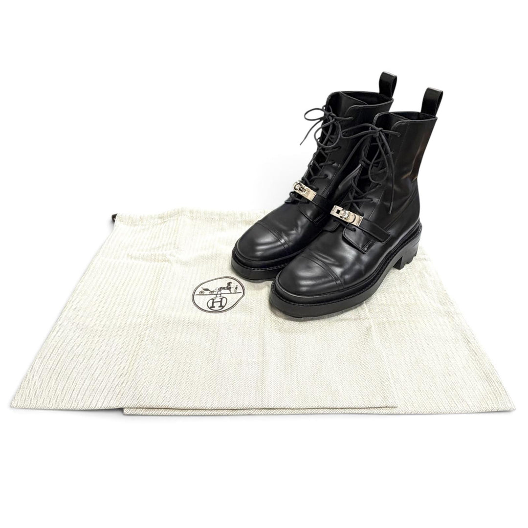 Great HERMES short boots funk Kelly Buckle Lace-Up Leather black 35 222070Z