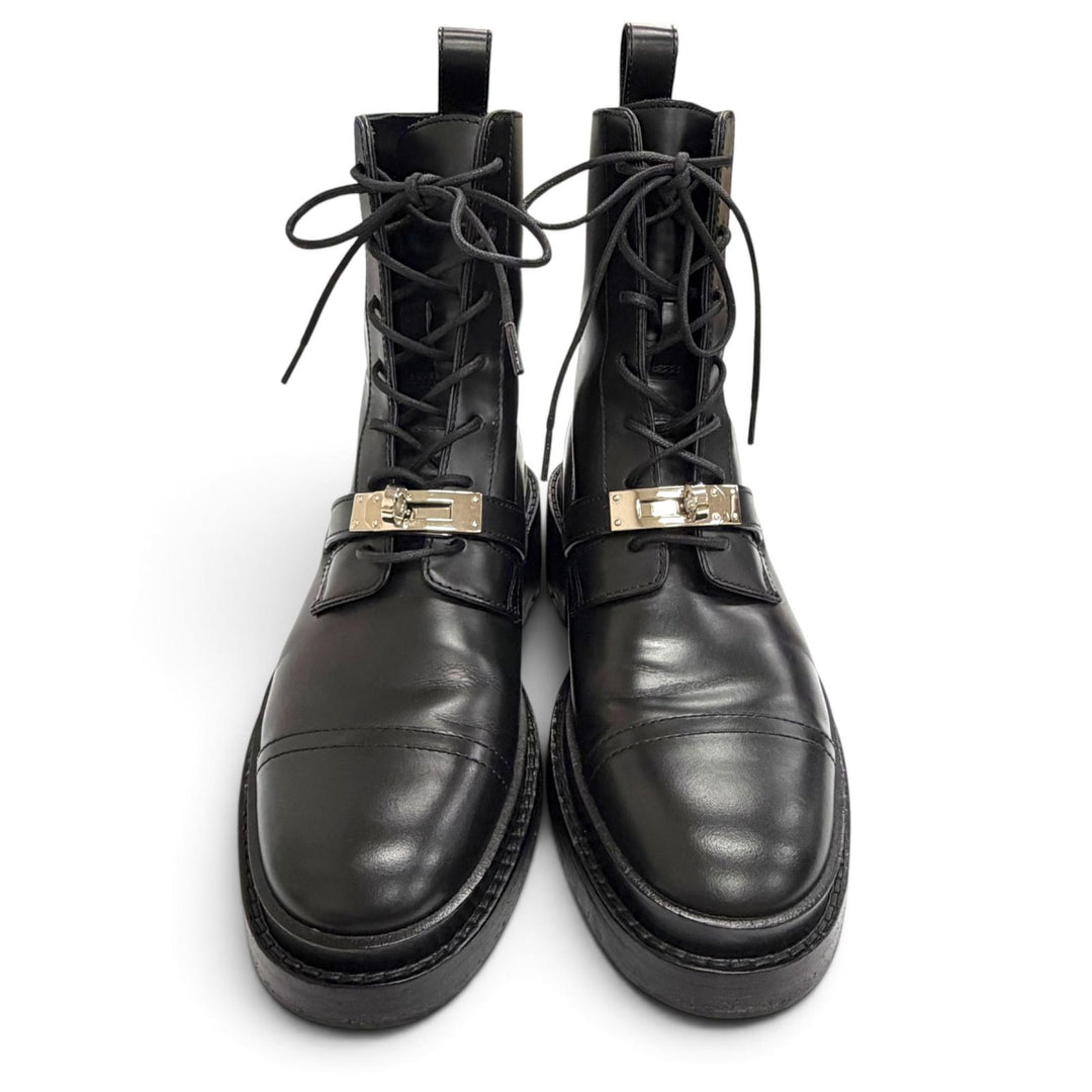 Great HERMES short boots funk Kelly Buckle Lace-Up Leather black 35 222070Z