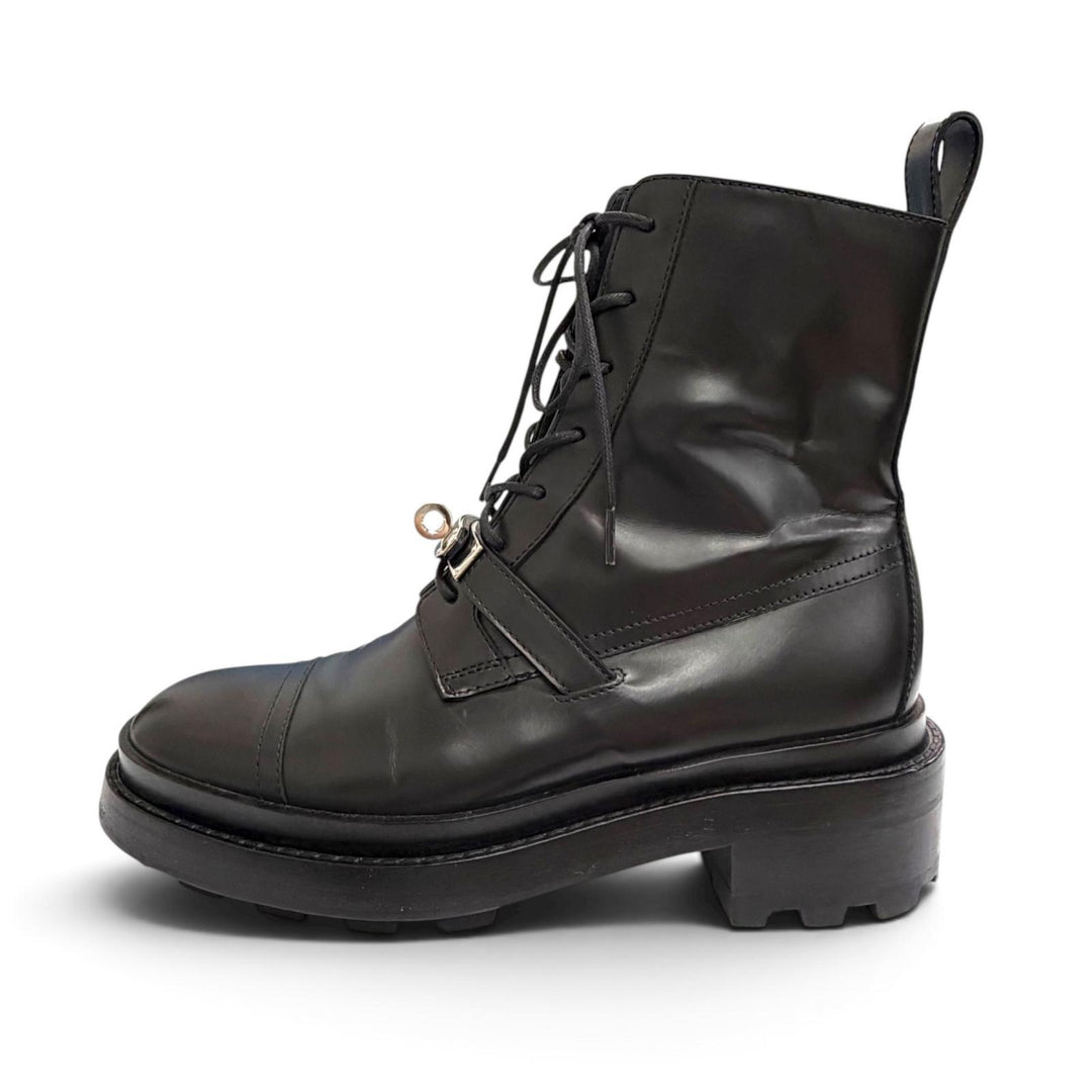 Great HERMES short boots funk Kelly Buckle Lace-Up Leather black 35 222070Z