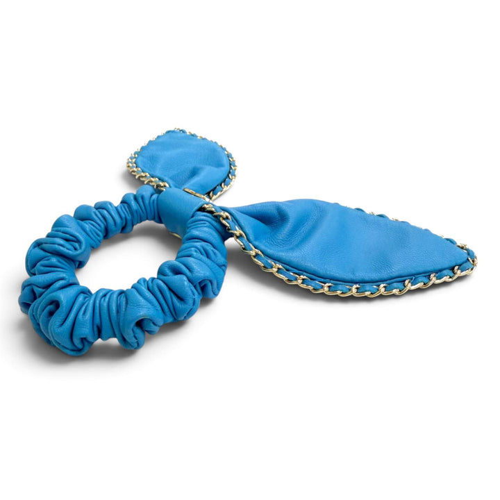Pristine CHANEL COCO Mark Ribbon Chain Scrunchie blue leather AA8258 A22S
