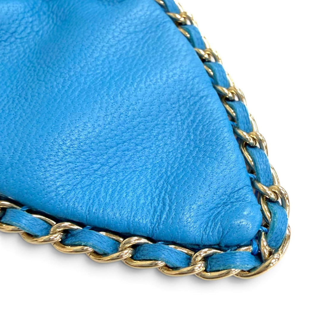 Pristine CHANEL COCO Mark Ribbon Chain Scrunchie blue leather AA8258 A22S