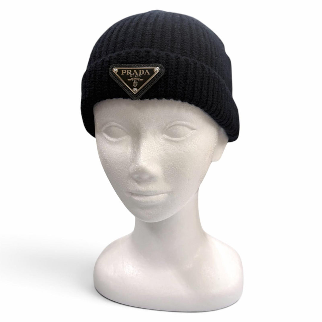Great PRADA Knit cap Triangle logo, triangular plate, hat Virgin wool L UMD489